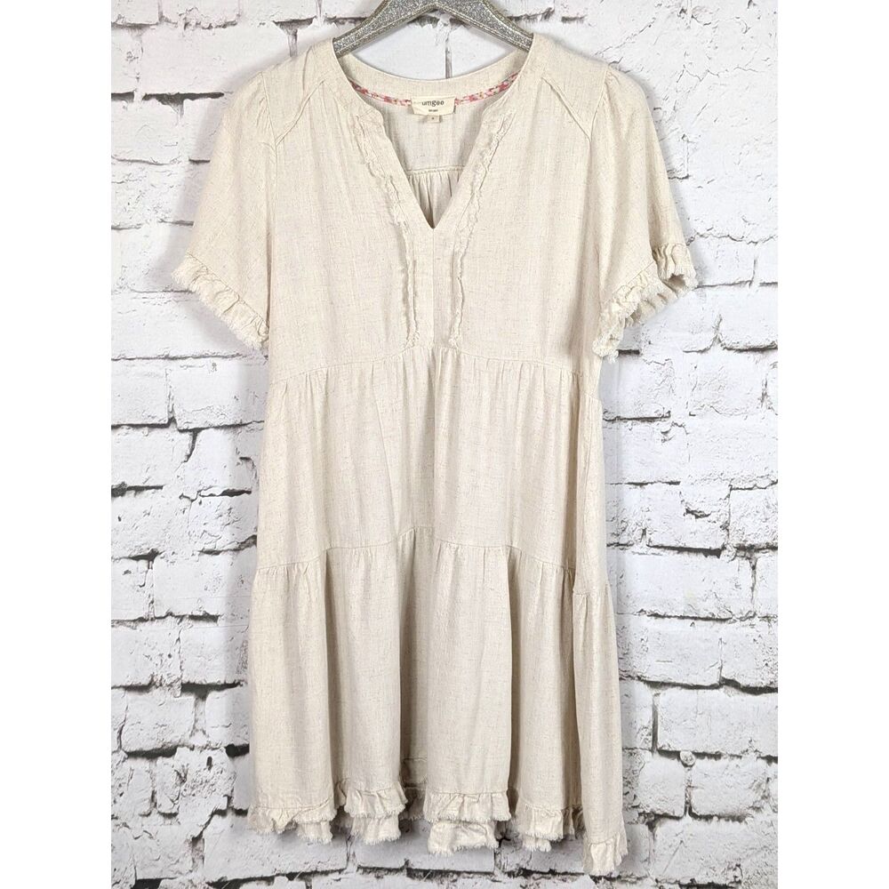UMGEE Peasant Babydoll Dress Ecru Boho Shabby Cottage Linen-Blend Summer Small - Picture 2 of 7